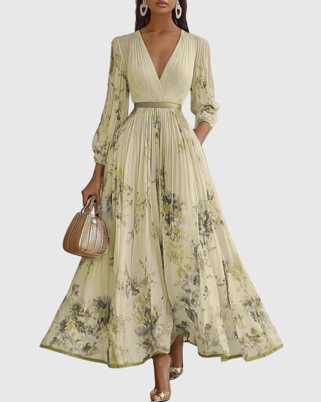 Women's Pleated Ribbon-Tie Maxi Dress