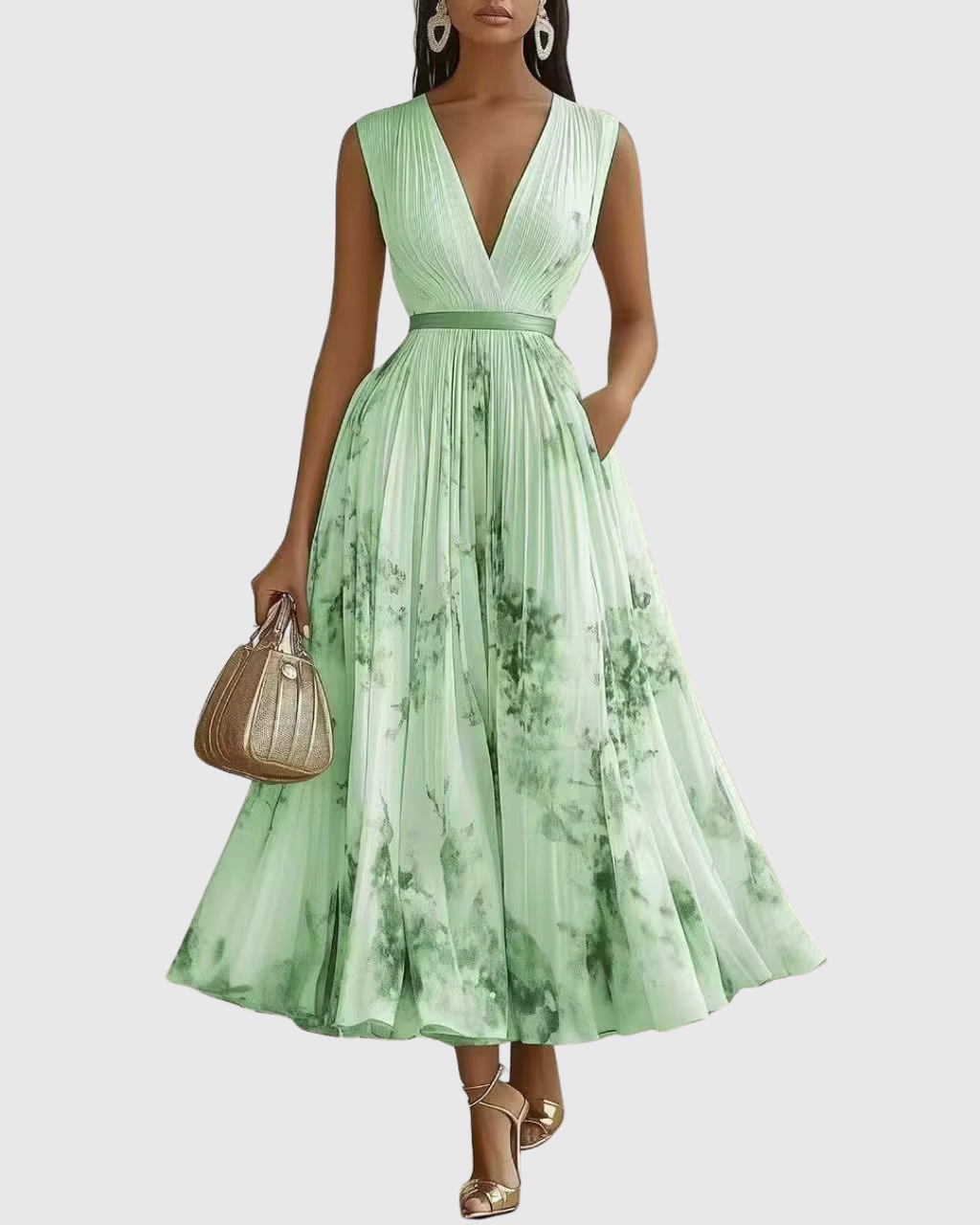 Women's Pleated Ribbon-Tie Maxi Dress