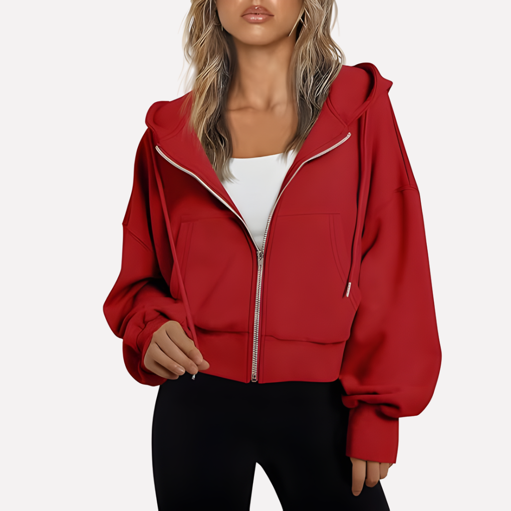 Women's Cropped Drawstring Zip Hoodie