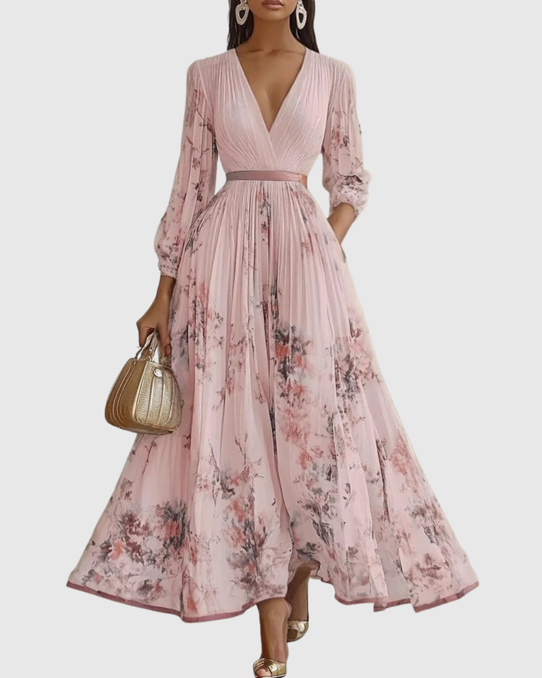 Women's Pleated Ribbon-Tie Maxi Dress