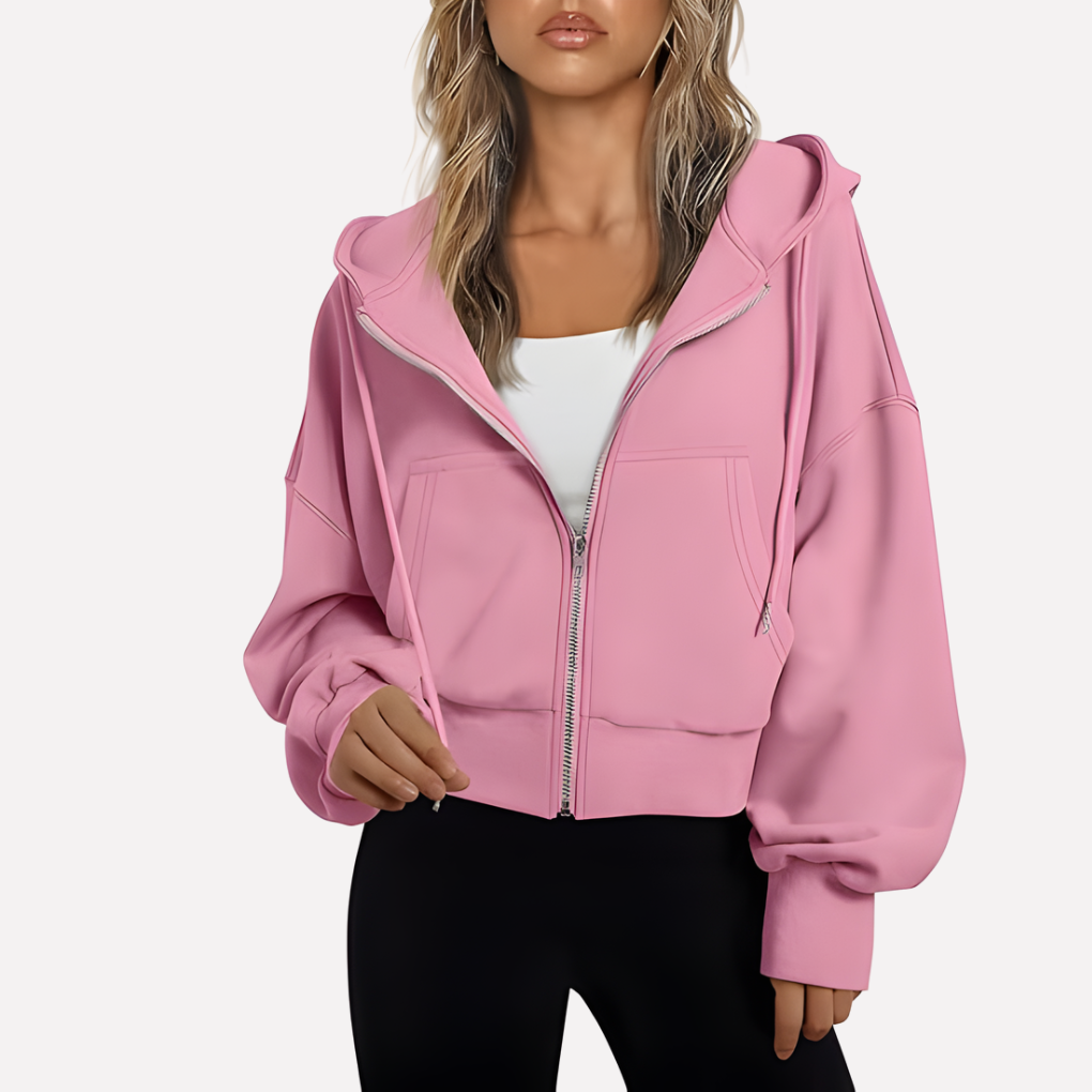 Women's Cropped Drawstring Zip Hoodie