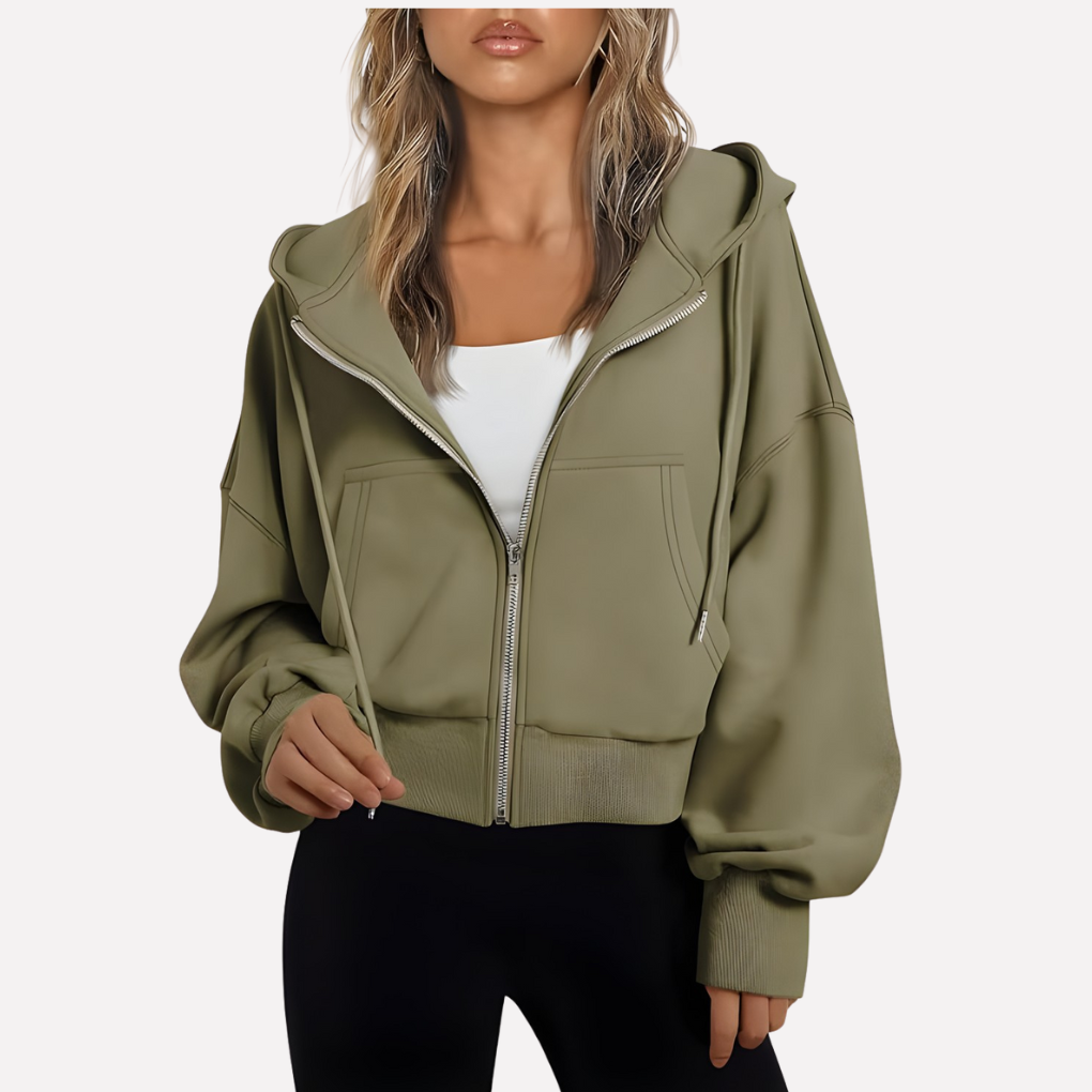 Women's Cropped Drawstring Zip Hoodie