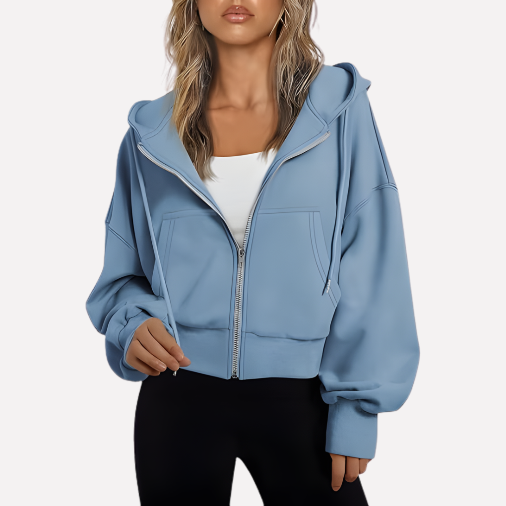 Women's Cropped Drawstring Zip Hoodie