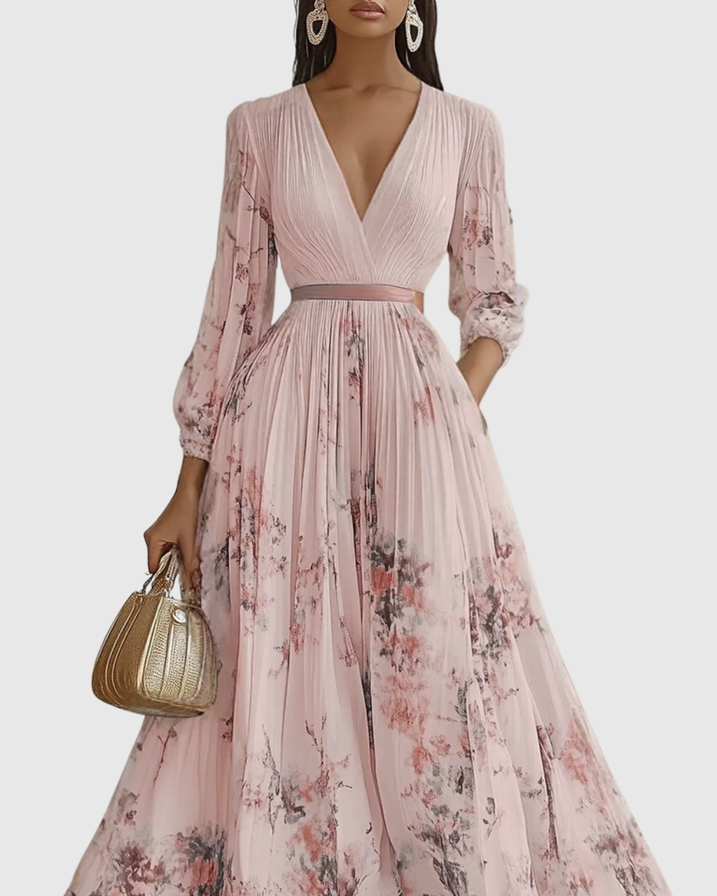 Women's Pleated Ribbon-Tie Maxi Dress
