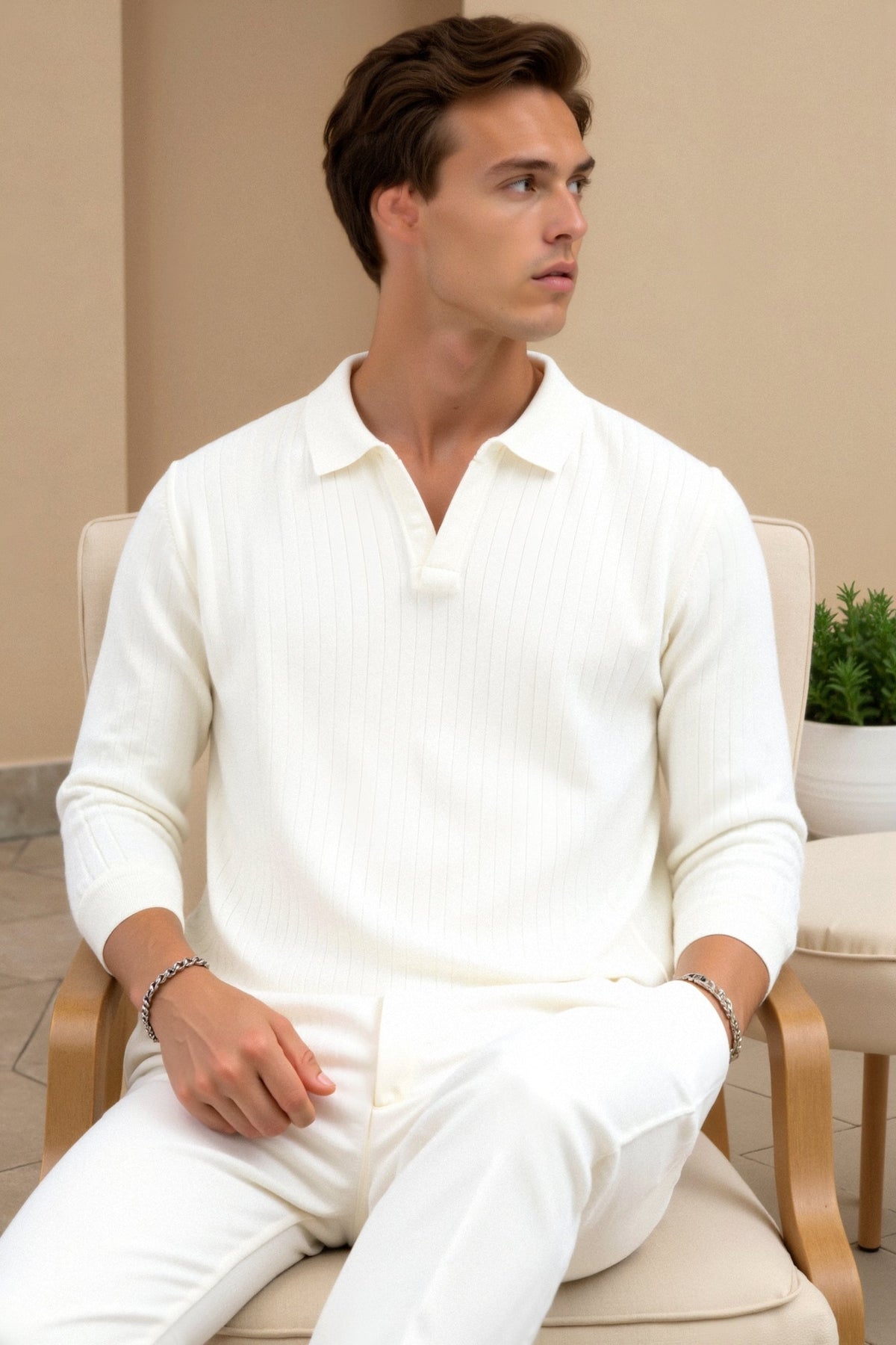Men's Ribbed Knit Long Sleeve Polo