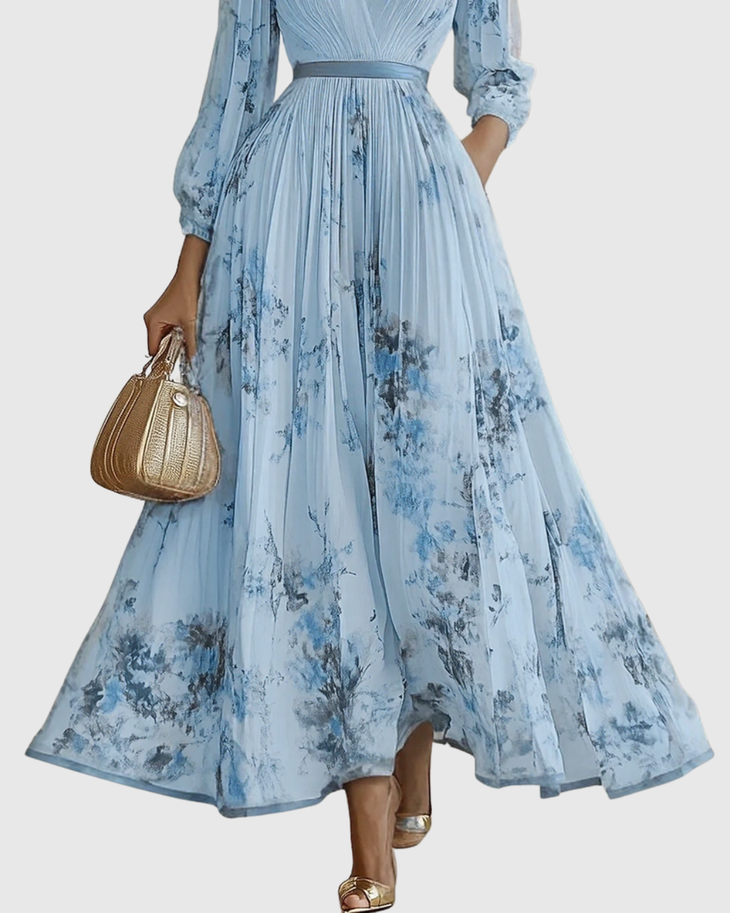 Women's Pleated Ribbon-Tie Maxi Dress