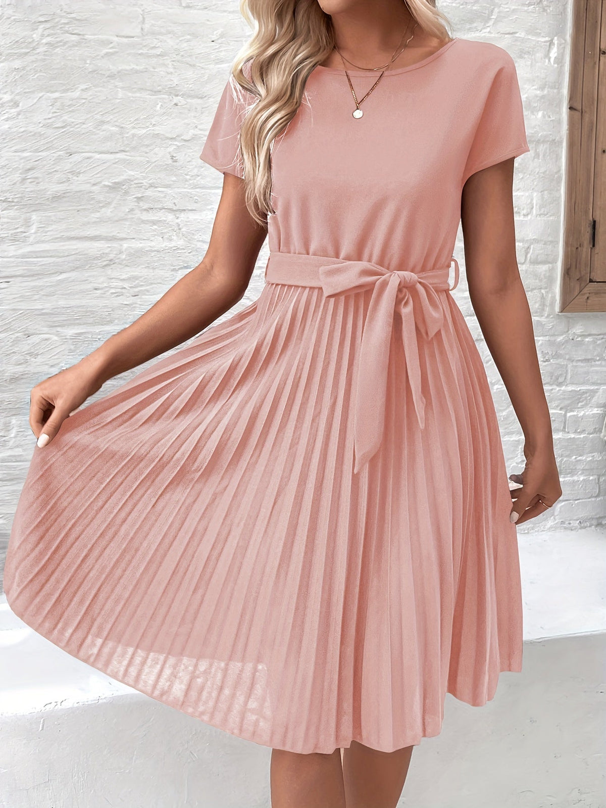 Women's Tie-Waist Pleated Midi Dress
