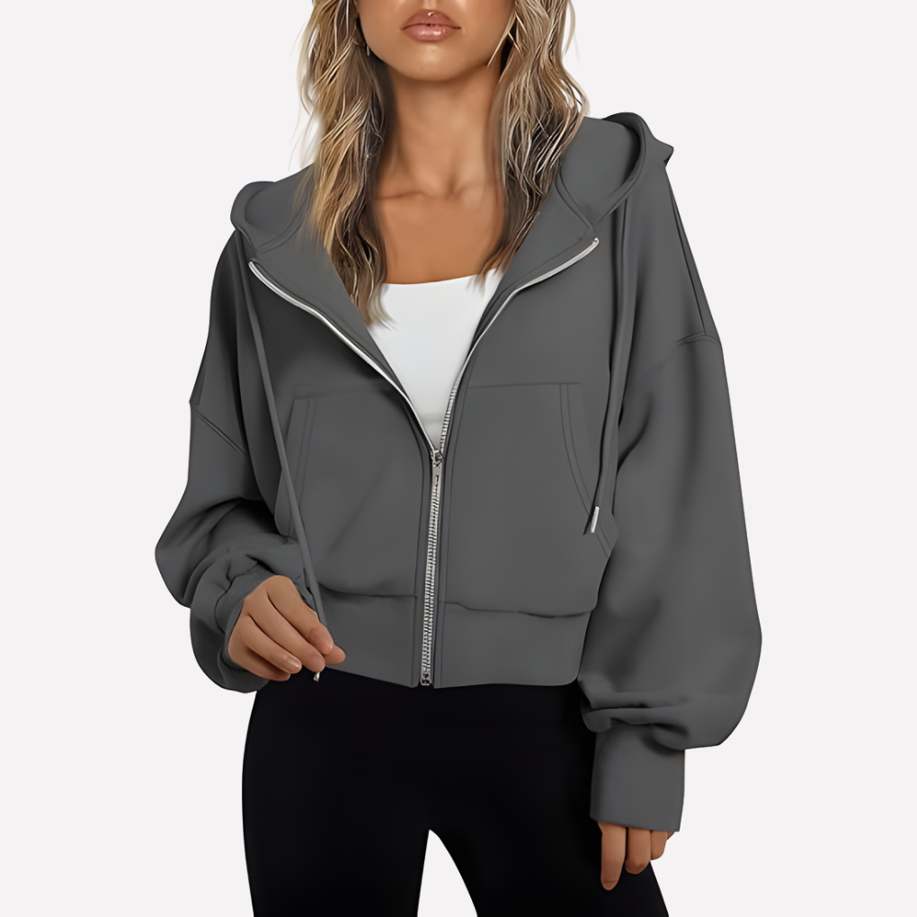 Women's Cropped Drawstring Zip Hoodie