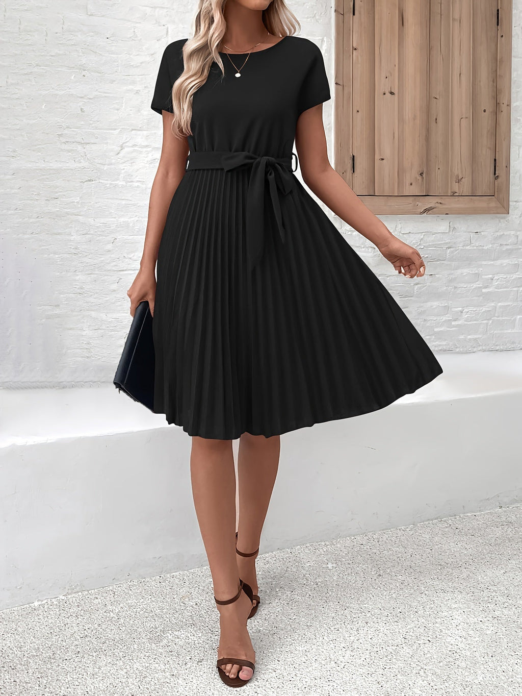 Women's Tie-Waist Pleated Midi Dress