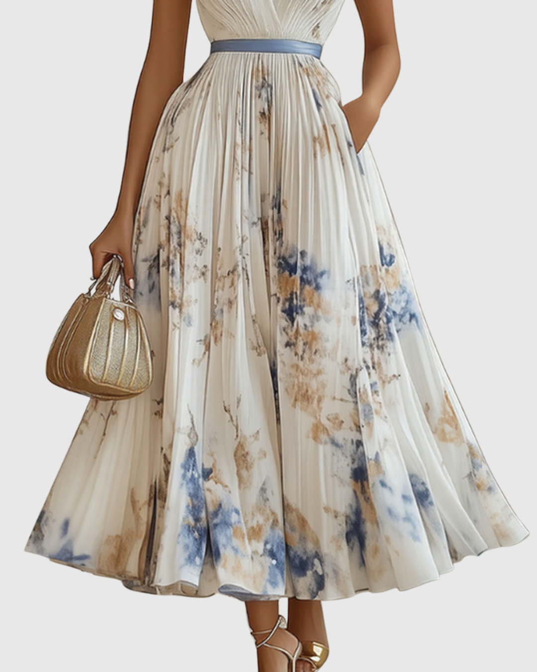 Women's Pleated Ribbon-Tie Maxi Dress