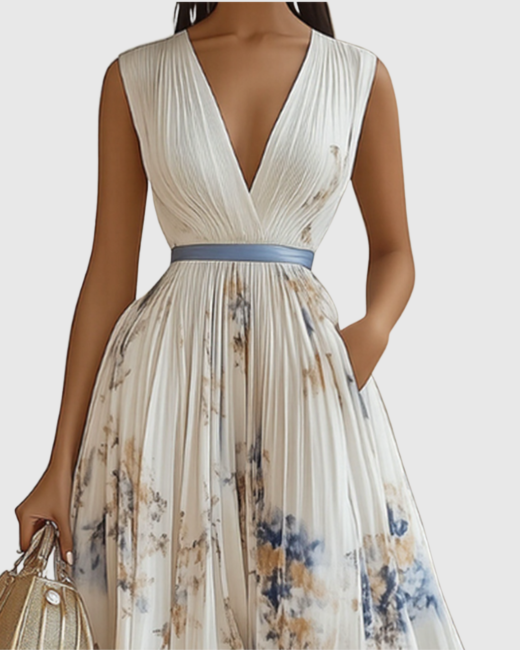 Women's Pleated Ribbon-Tie Maxi Dress