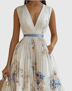 Women's Pleated Ribbon-Tie Maxi Dress