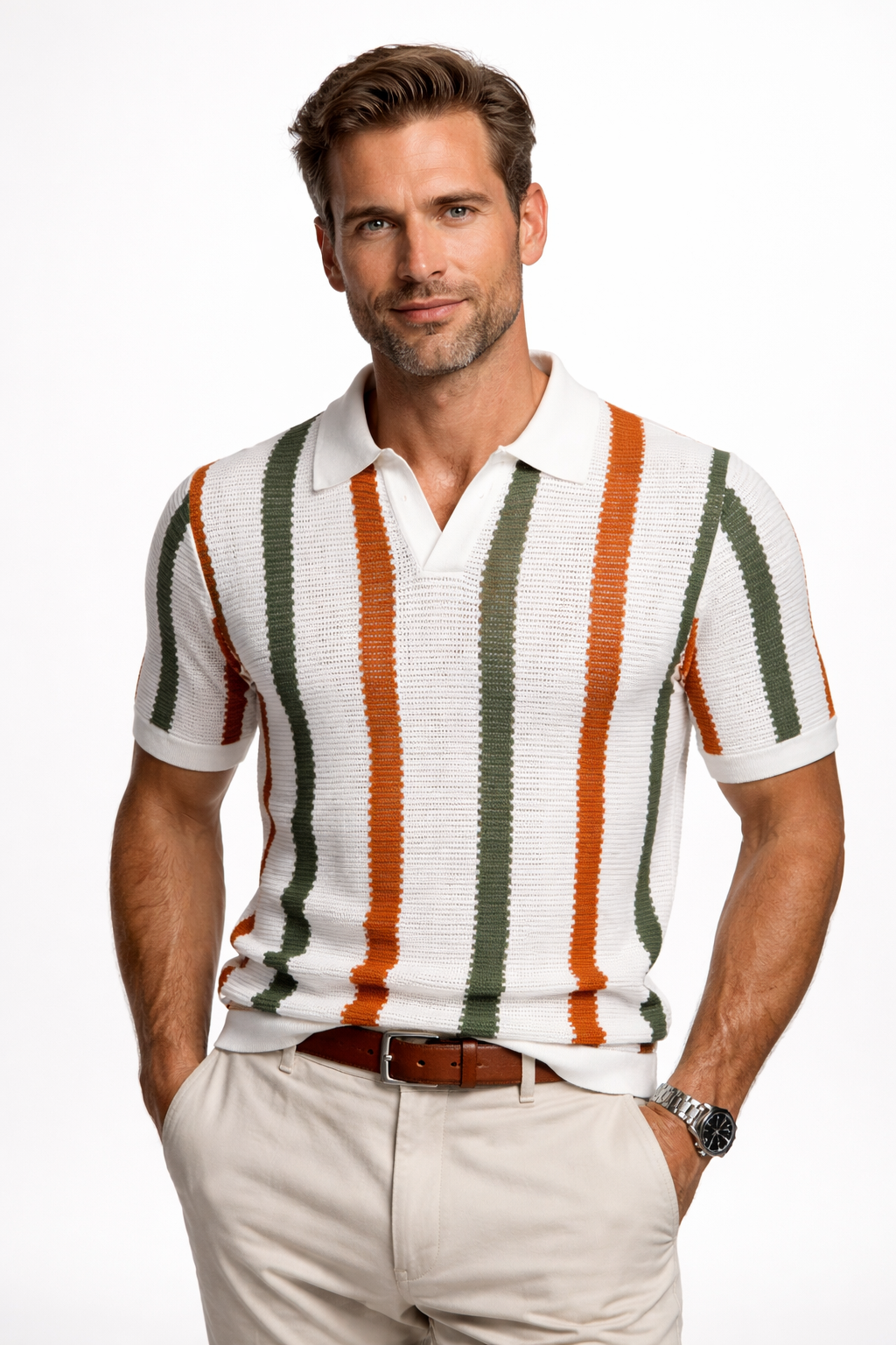 Men's Open Collar Striped Knit Polo