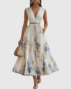 Women's Pleated Ribbon-Tie Maxi Dress