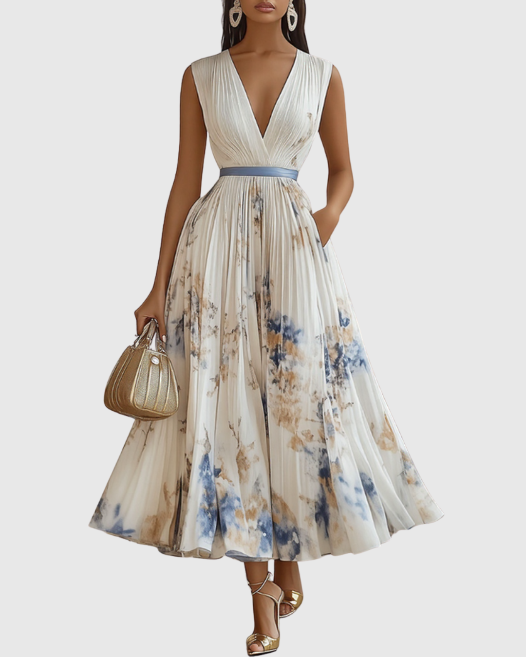 Women's Pleated Ribbon-Tie Maxi Dress