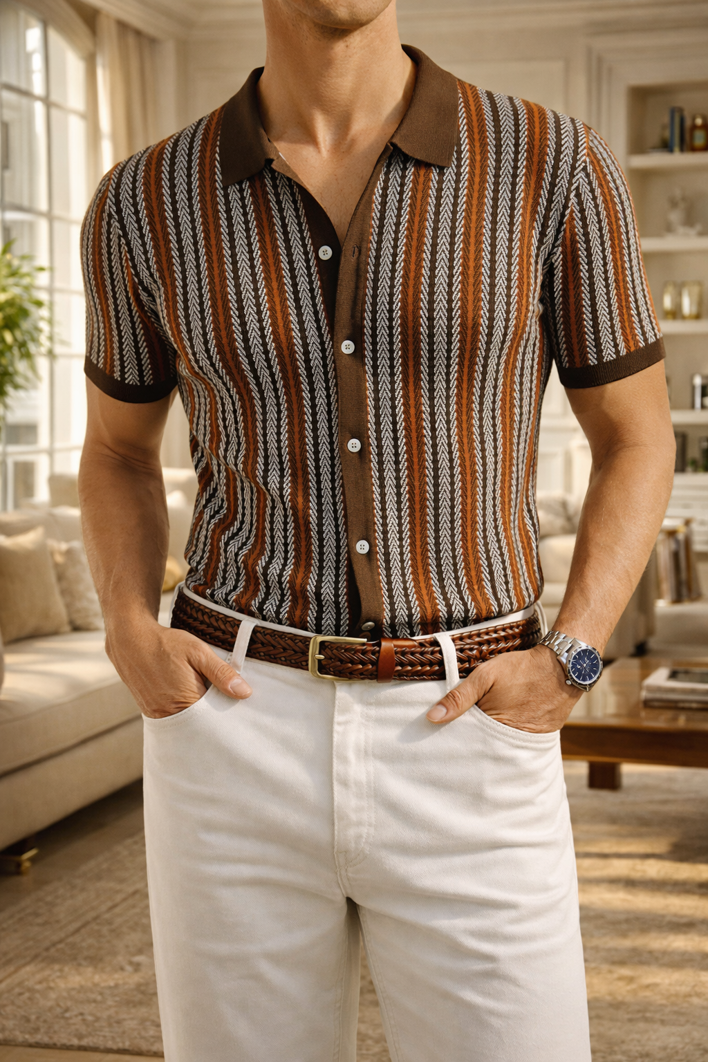 Men's Patterned Knit Button-Up Polo