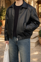 Men's Zip Front Leather Bomber Jacket