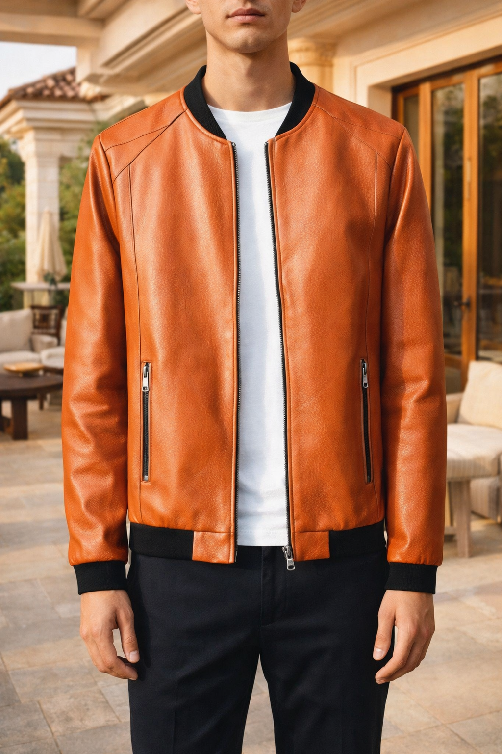 Men's Rib Trim Leather Bomber Jacket