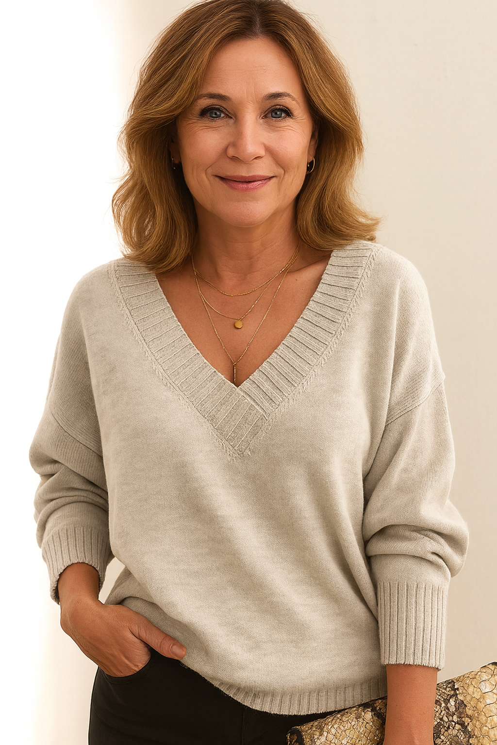 Women's Long-Sleeve V-Neck Knitted Jumper