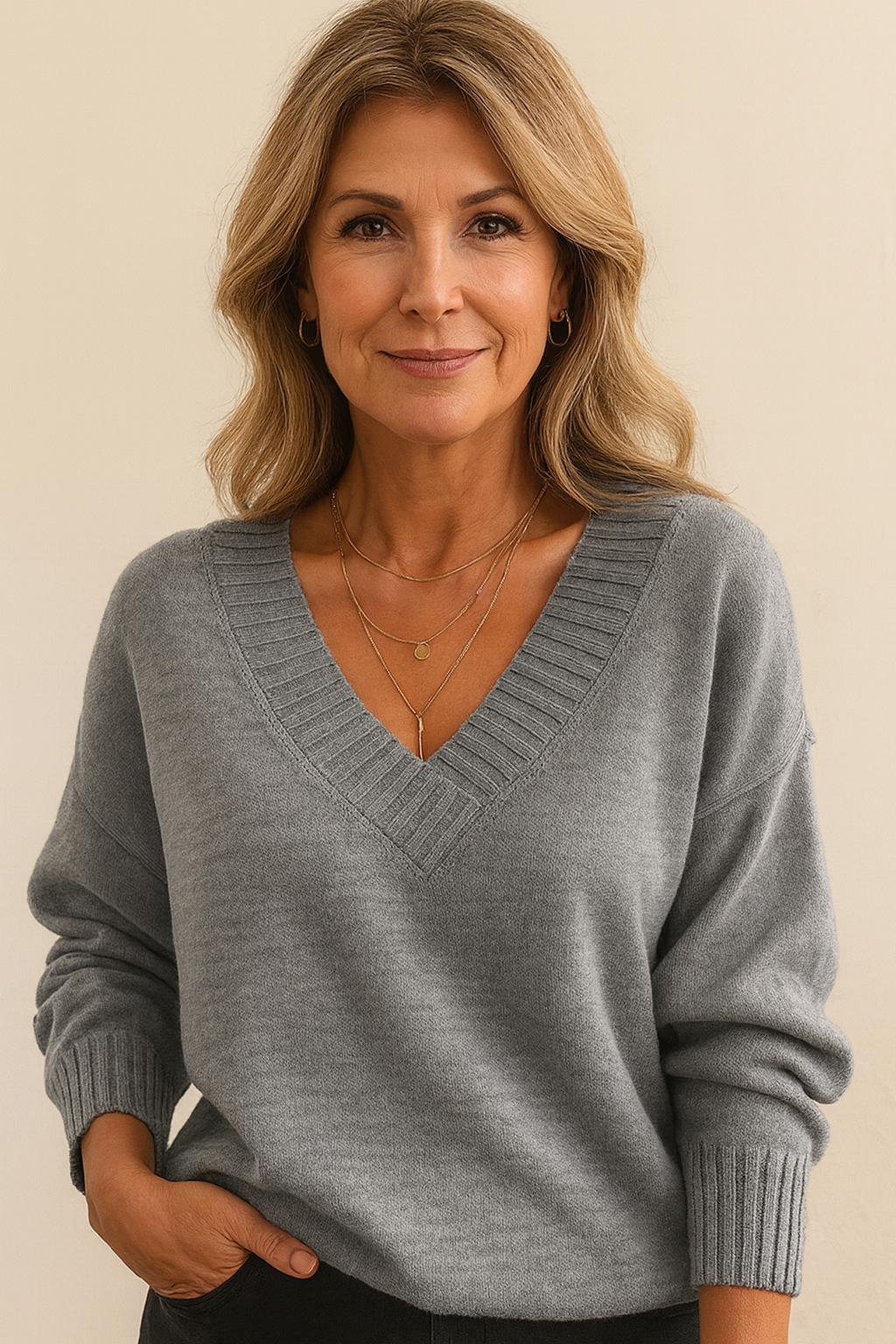 Women's Long-Sleeve V-Neck Knitted Jumper