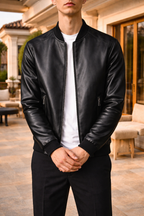 Men's Rib Trim Leather Bomber Jacket