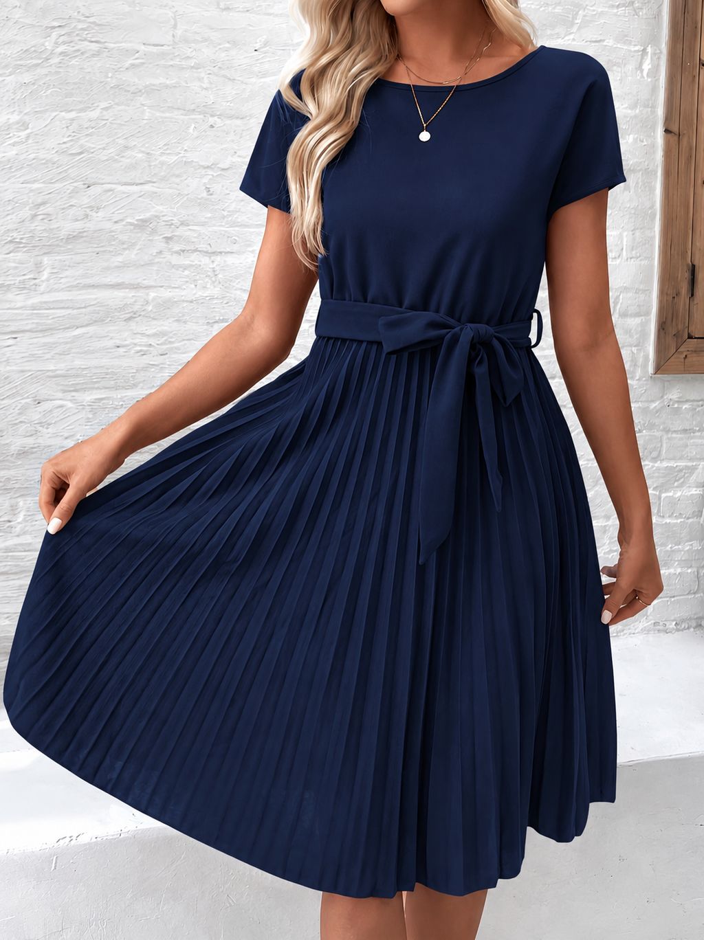 Women's Tie-Waist Pleated Midi Dress