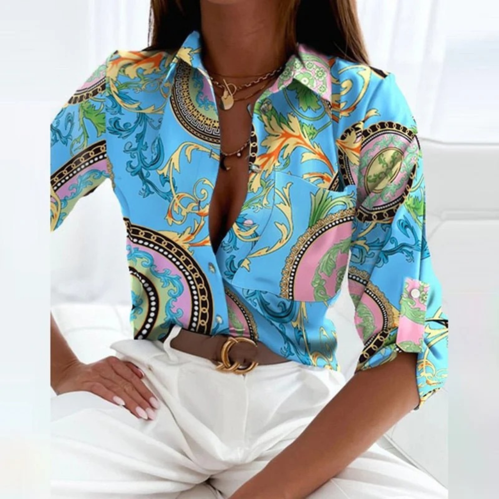 Women's Printed Satin-Look Button-Up Blouse