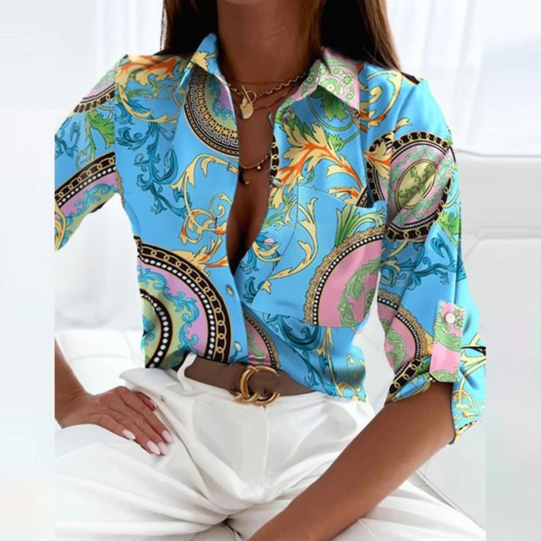 Women's Printed Satin-Look Button-Up Blouse