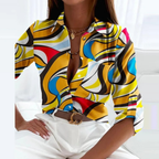 Women's Printed Satin-Look Button-Up Blouse