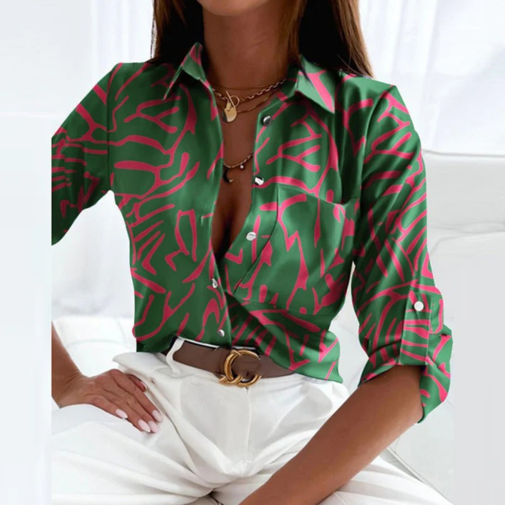 Women's Printed Satin-Look Button-Up Blouse
