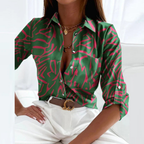 Women's Printed Satin-Look Button-Up Blouse