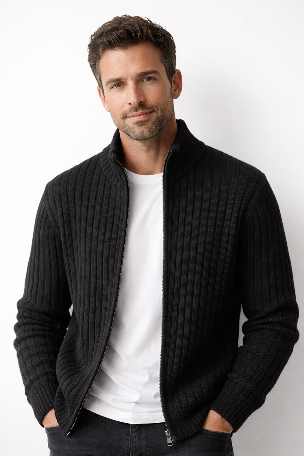 Men's Ribbed Knit Zip Cardigan