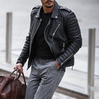 Men's Padded Quilted Leather Biker Jacket