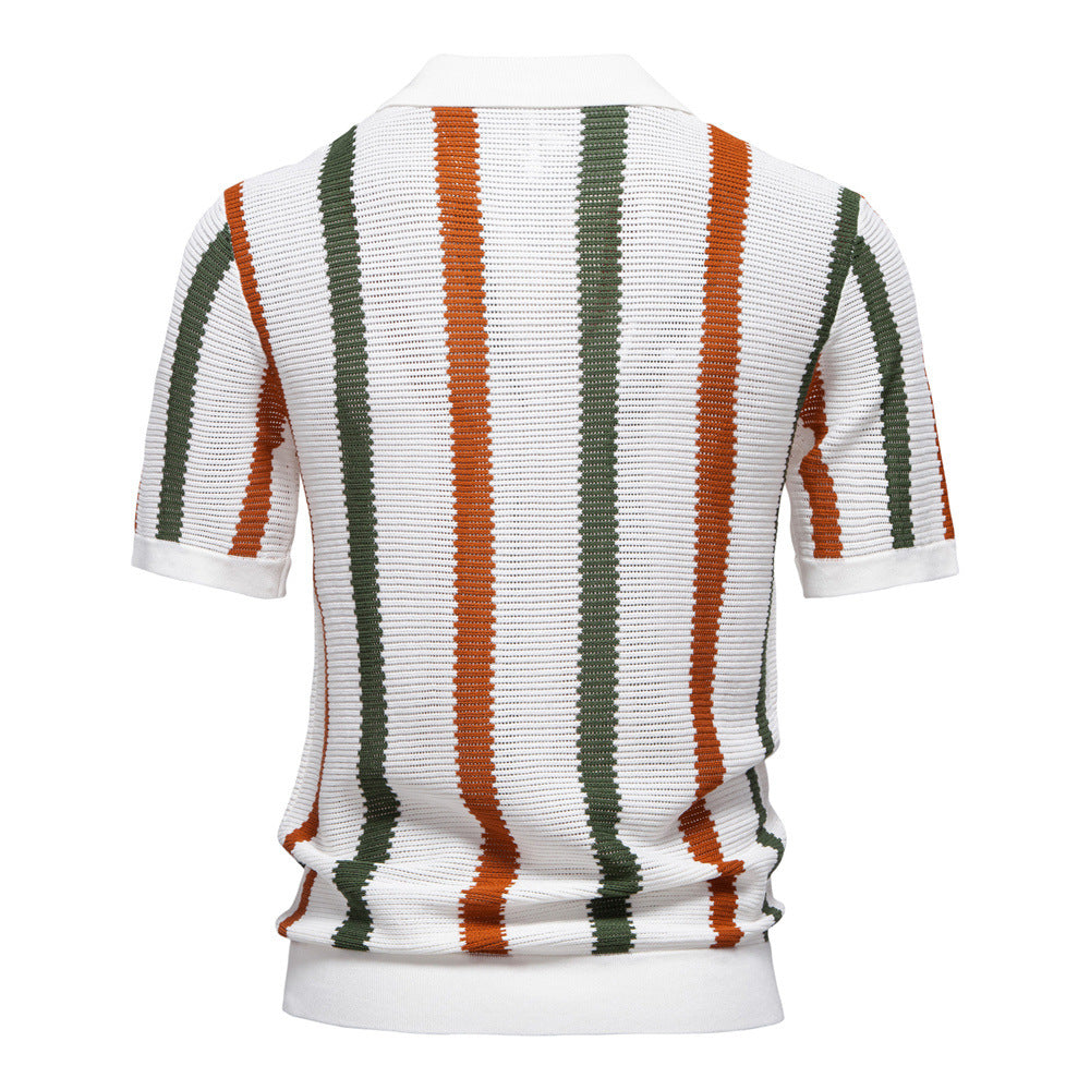 Men's Open Collar Striped Knit Polo