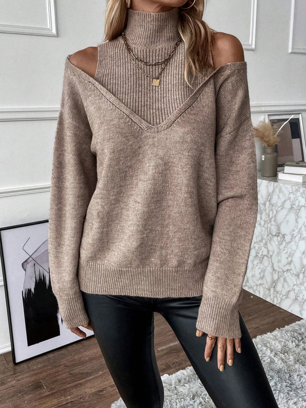 Women's Cold-Shoulder Roll Neck Jumper