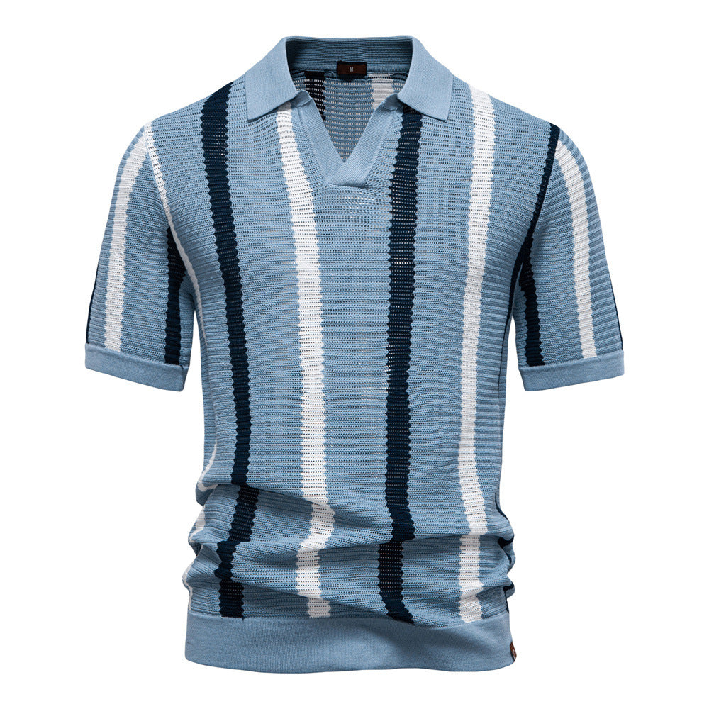 Men's Open Collar Striped Knit Polo
