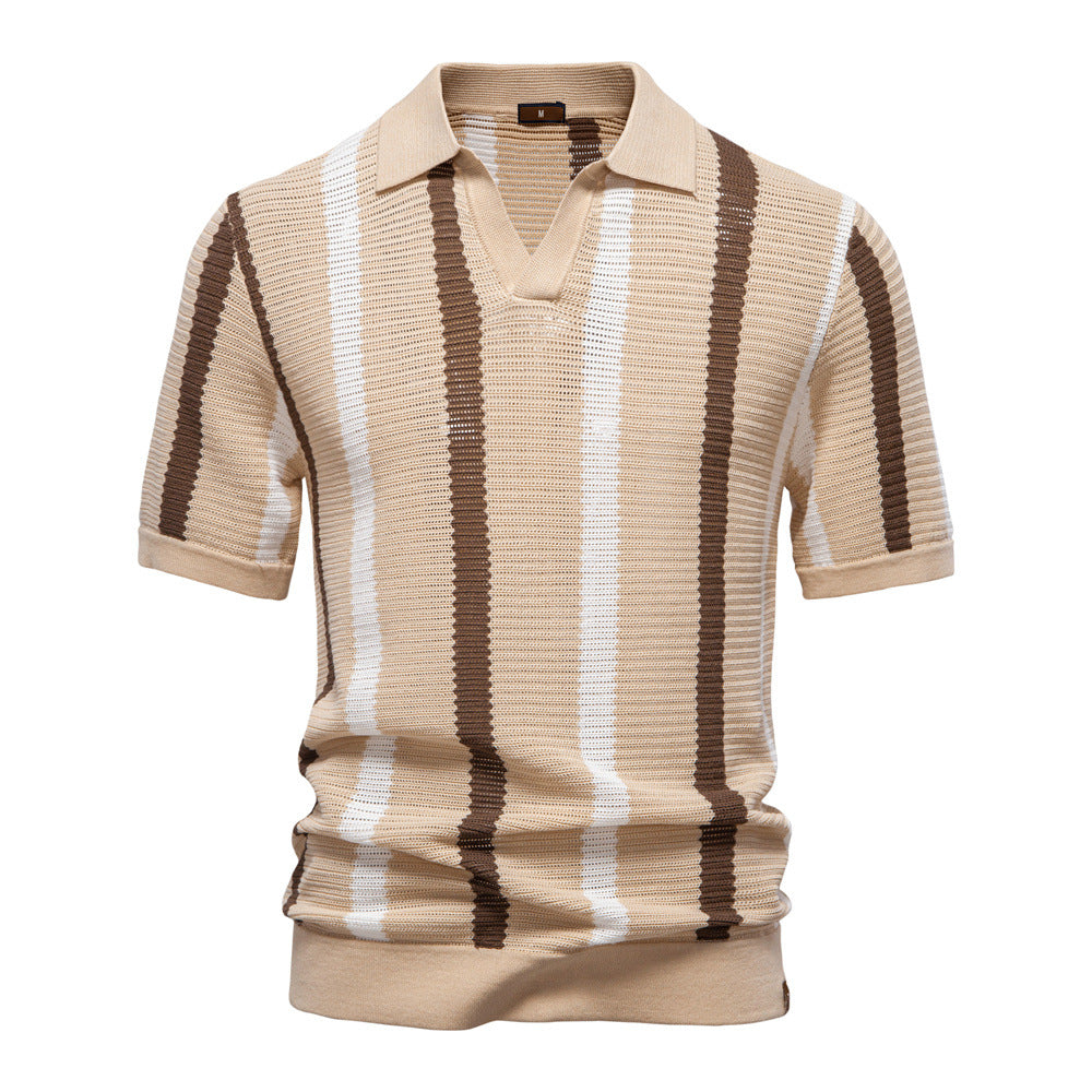 Men's Open Collar Striped Knit Polo