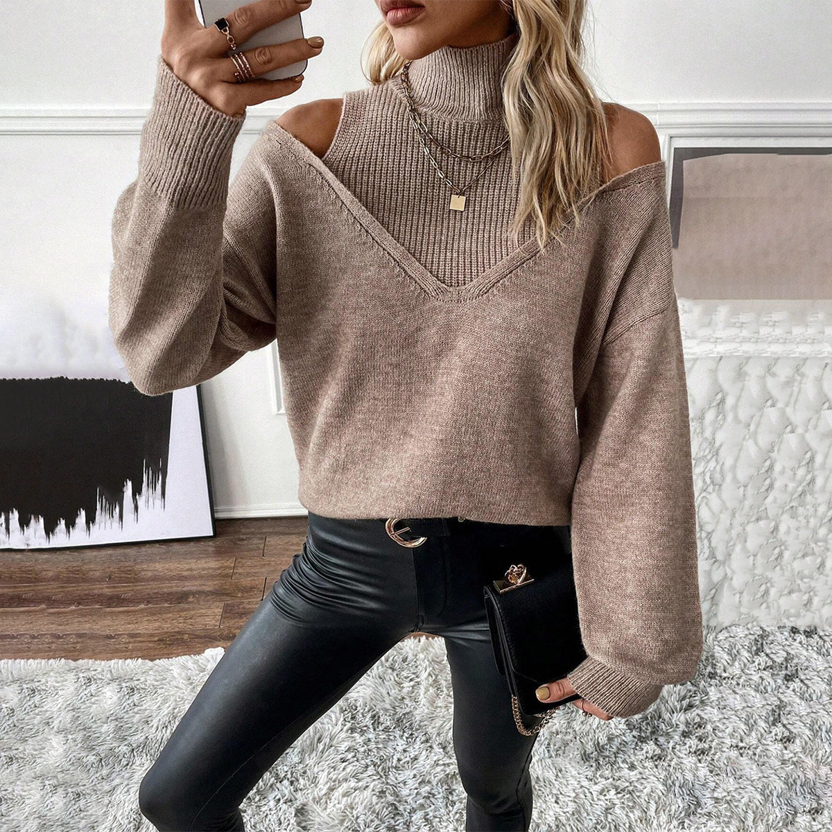 Women's Cold-Shoulder Roll Neck Jumper