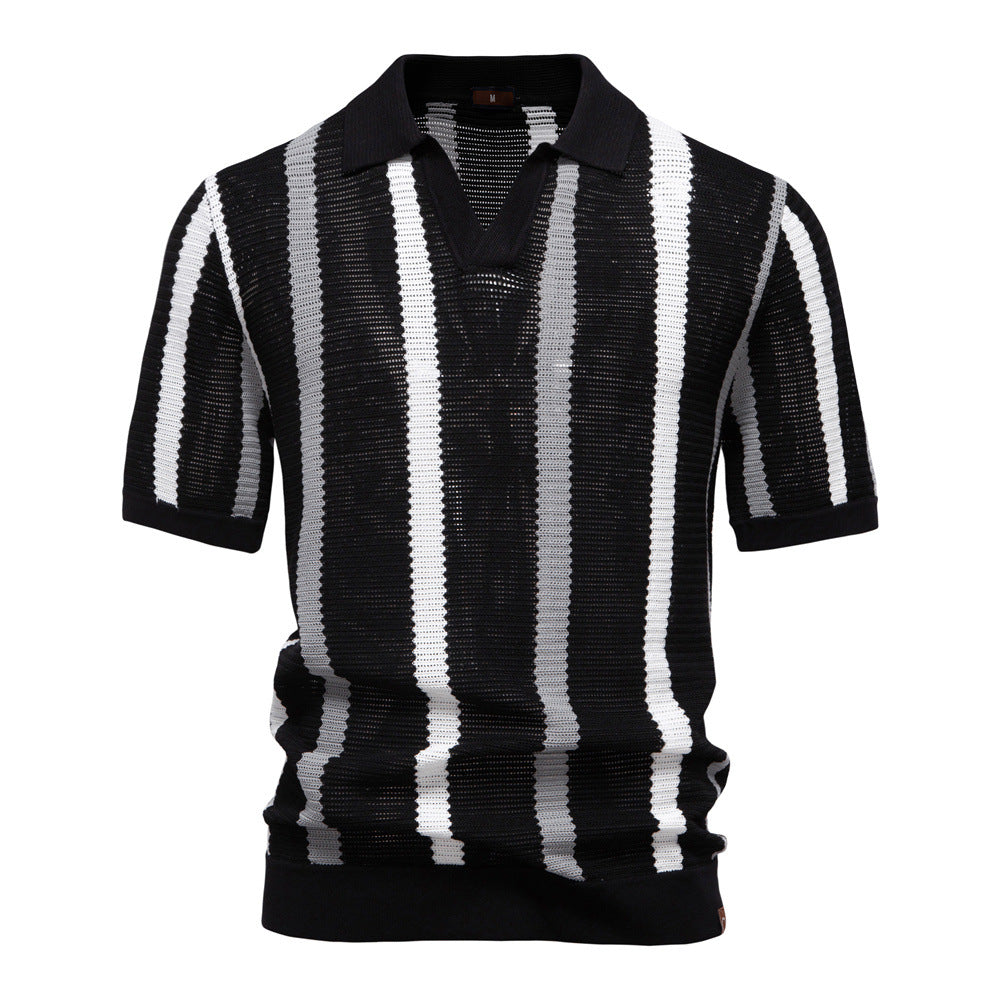 Men's Open Collar Striped Knit Polo