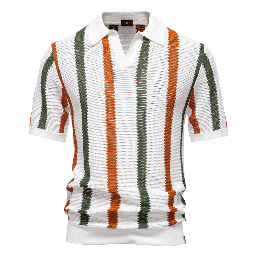 Men's Open Collar Striped Knit Polo