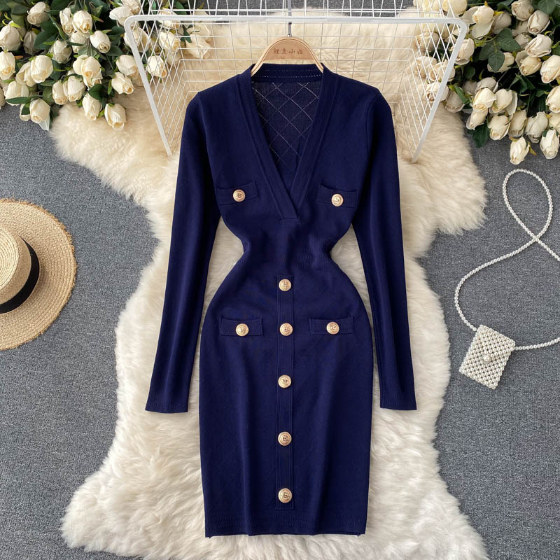 Women's V-Neck Knitted Midi Dress