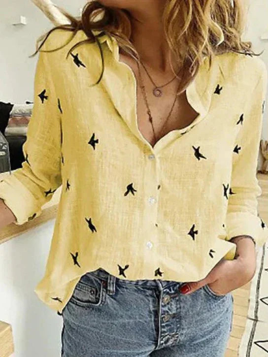 Women's Bird Print Long-Sleeve Blouse