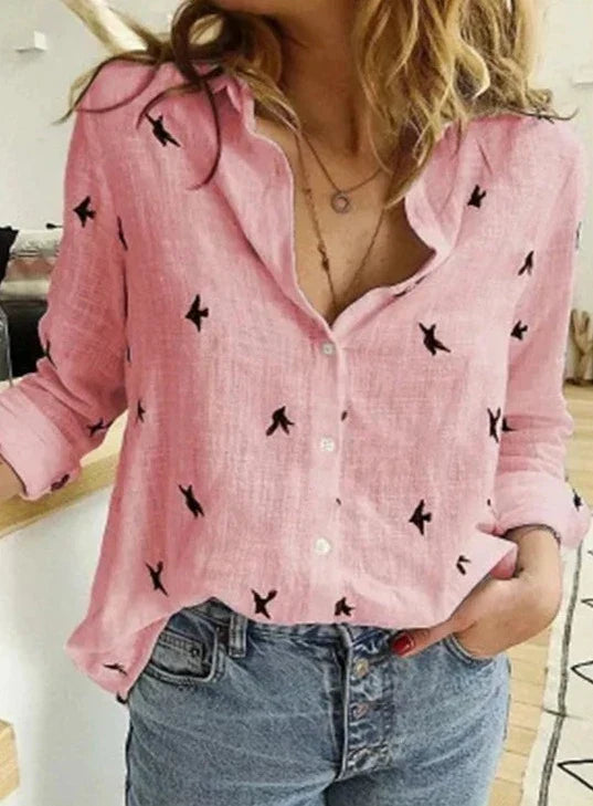 Women's Bird Print Long-Sleeve Blouse