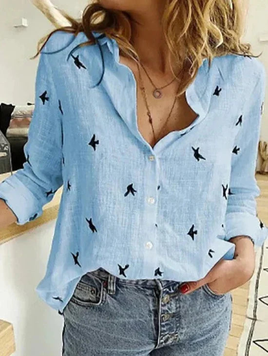 Women's Bird Print Long-Sleeve Blouse
