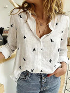 Women's Bird Print Long-Sleeve Blouse