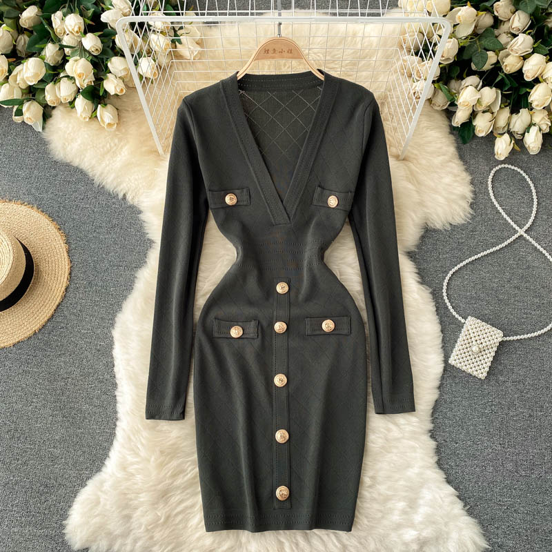 Women's V-Neck Knitted Midi Dress