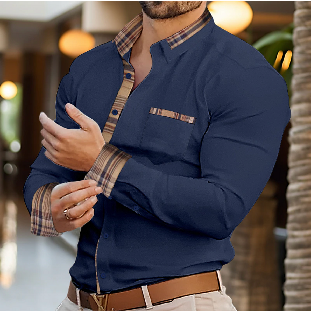 Men's Contrast Trim Long Sleeve Shirt