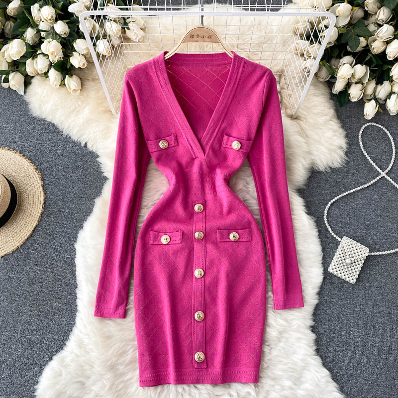Women's V-Neck Knitted Midi Dress