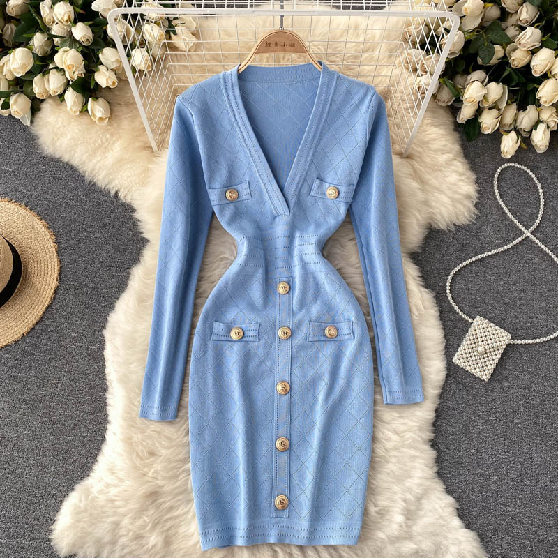 Women's V-Neck Knitted Midi Dress