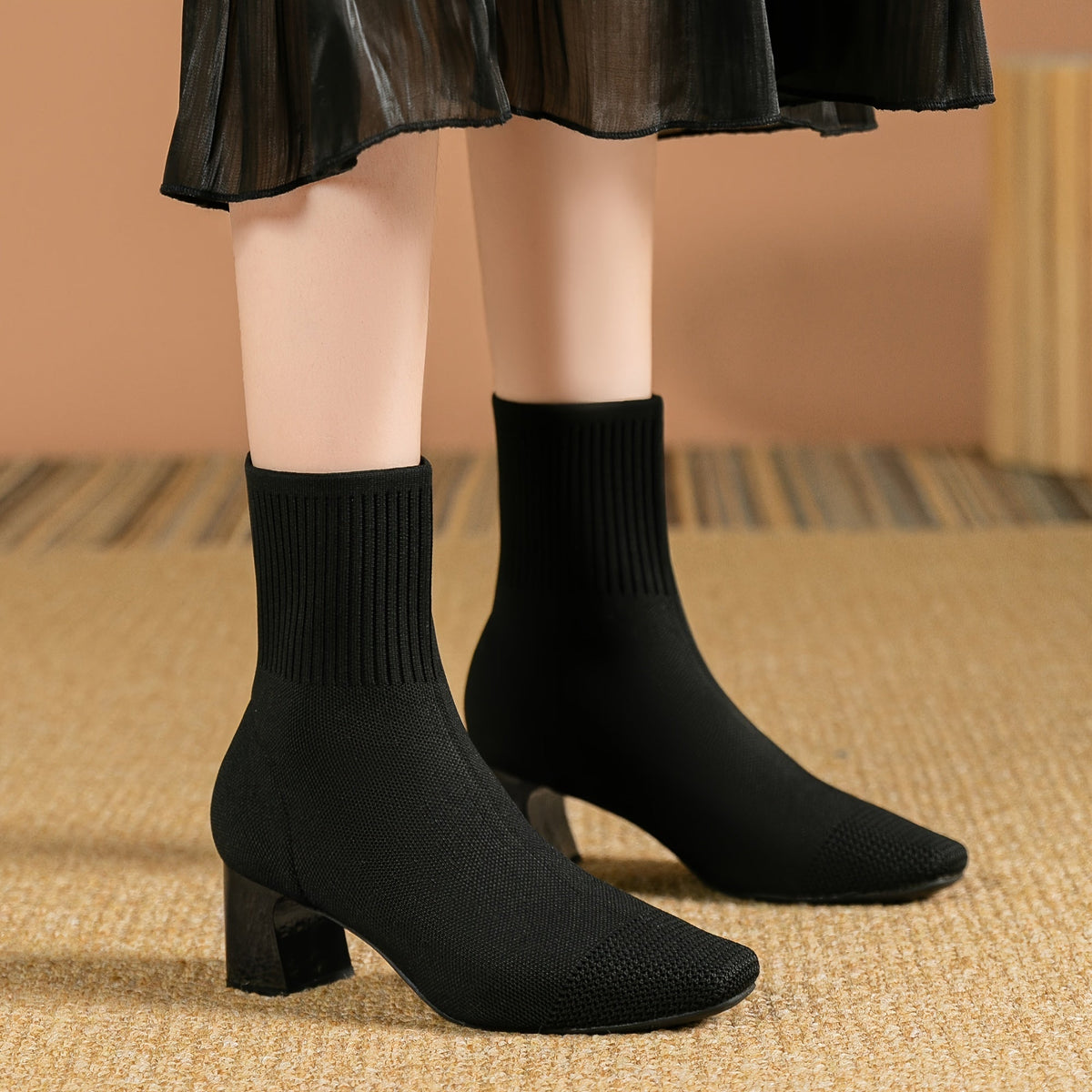 Women's Block Heel Knit Ankle Boot